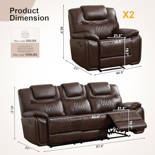 ANJ 3-Piece Manual Reclining Sofa Set, Premium Genuine Leather Reclining Sofas - Image 2