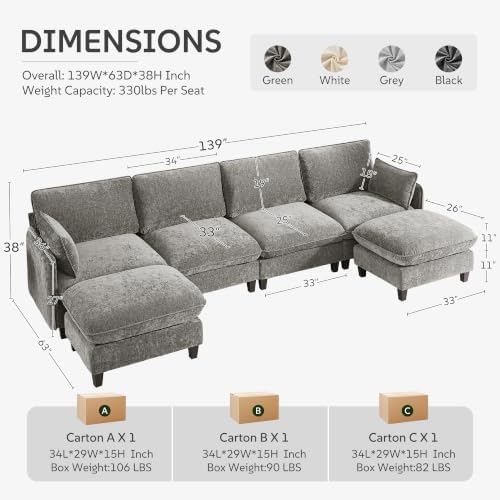 Ihanherry 139" U-Shaped Modular Sectional Couch, Oversized Cloud Sofa - Image 2