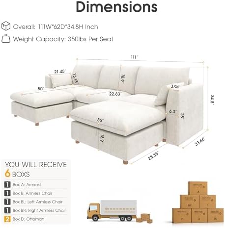 WorthFurni Oversized Modular Sectional Sofa, Comfty 5 Seat Modular Sofa - Image 2