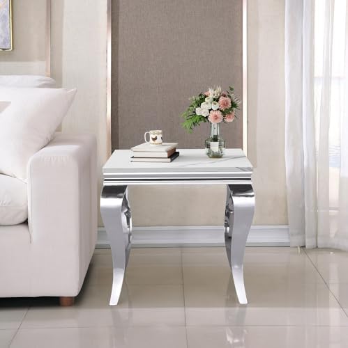 White Marble End Table Modern Silver Accent Table - Image 4