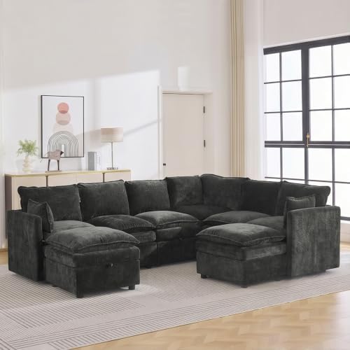 105" Dark Grey Modular Storage Sofa, U Shaped Chenille Couch by Abbrevi