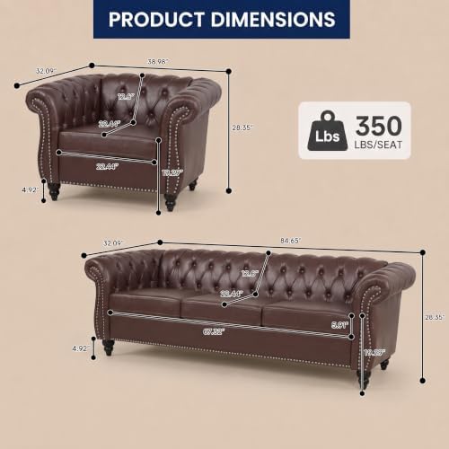 Chesterfield Sofa & Chair Set, Faux Leather Couch Set - Image 2