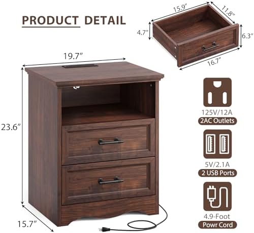 YANSNWO Walnut Nightstand with Charging Station, 19.7" 2-Drawer End Table - Image 3