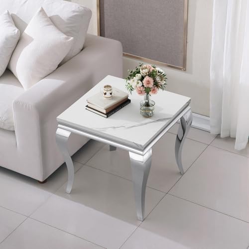 White Marble End Table Modern Silver Accent Table - Image 3