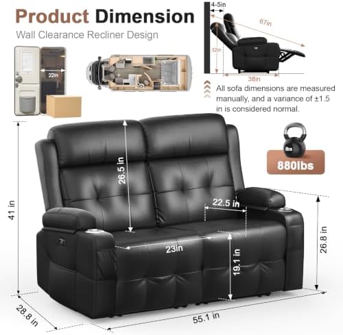 Reclining Loveseat Sofa, RV Loveseats Recliner Sofas Wall Hugger, Double - Image 2