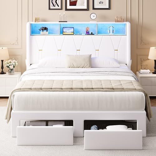 Allewie Queen Bed Frame with 2-Tier Storage Headboard, Charging Station & LED - Image 3