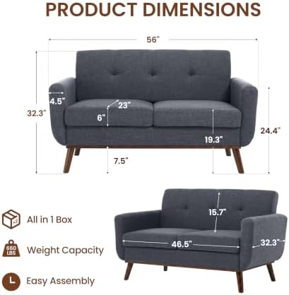 56" Small Loveseat Sofa, Mid Century Modern Mini Love Seat - Image 2
