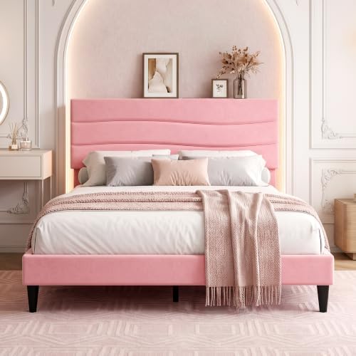 EnHomee Queen Bed Frame with Upholstered Headboard & Charging Station by EnHomee