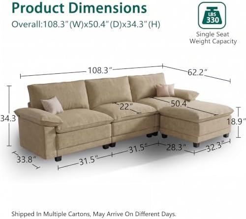 108" Modular Sectional Couch, L Shaped Cloud Sofa - Image 2