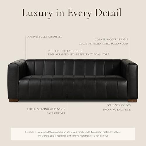 Poly & Bark Canale 86" Sofa – Onyx Black Italian Leather, Channel-Tufted - Image 4