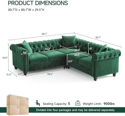 ONBRILL Velvet Chesterfield Sofa, L-Shaped Sectional Sofa - Image 2