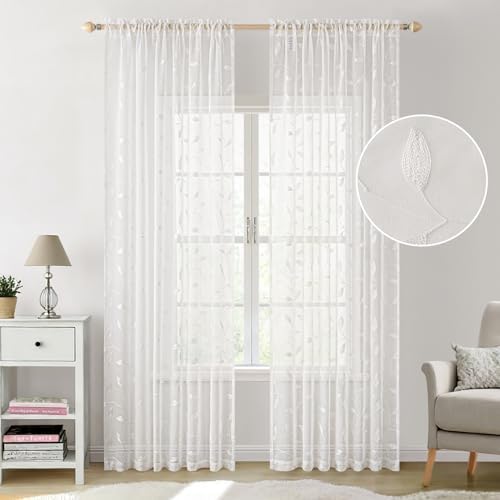 MIULEE White Sheer Curtains 2 Panels Embroidered Leaf Patterned, W52 x L84 - Image 2