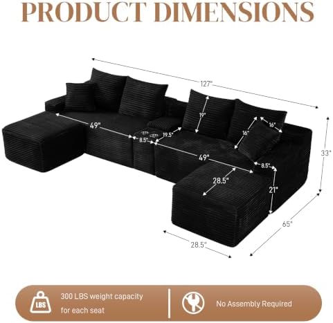 127" U Shaped Cloud Couch Modular Sectional Sofa, Comfy Fluffy Corduroy Black - Image 2