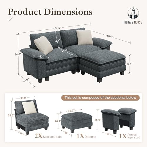 HERA'S HOUSE 3-Seat L Shaped Modular Cloud Couch Sectional Sofa Ottoman - Image 2