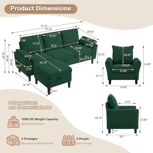 4 Pieces Sectional Couches, Sofa Set and 2 Accent Chairs - Image 2