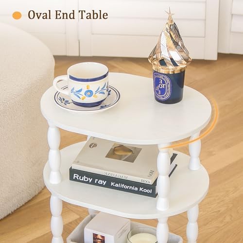 MaxSmeo White Side Table with Charging Station, 3-Tier Small Oval End Table - Image 6