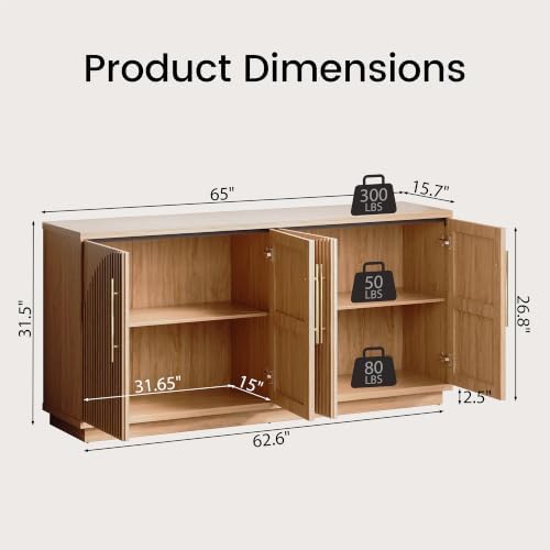 65" Buffet Cabinet with Storage, Fluted Sideboard Cabinet with 4 Arched Doors & - Image 2