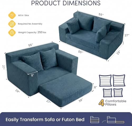 cidludto Convertible Sofa Bed, Boneless Couch 2 in 1 Loveseat Folding Couch Bed - Image 2