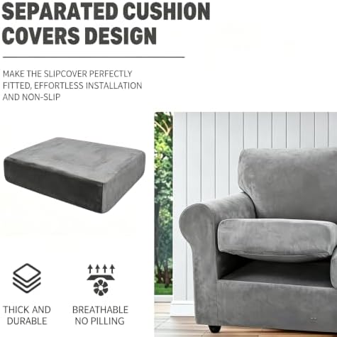 Luxury Velvet Sofa Covers for 2 Cushion Couch, Light Grey - Image 5