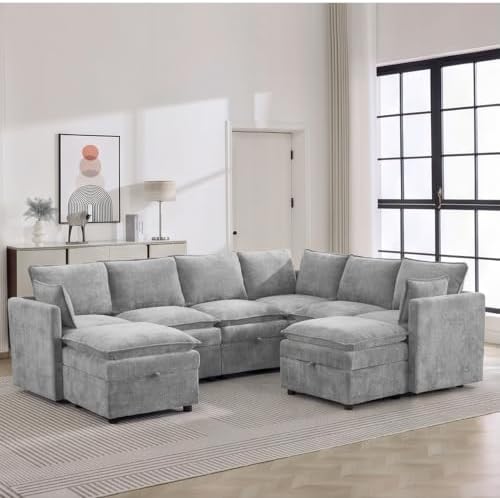 105" Light Grey Modular Storage Sofa, U Shaped Chenille Couch by Abbrevi