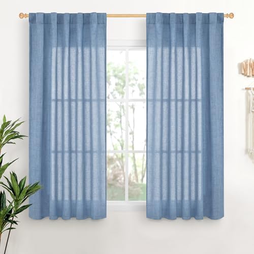 YoungsTex Light Blue Linen Curtains 45 Inch Length, Short Light Filtering Drapes by YoungsTex