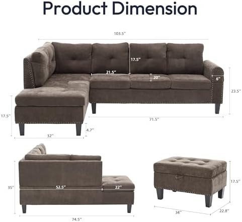 L-Shaped Couch Set, 97.5" L x 69.5" W Sectional Sofas Linen Brown - Image 2