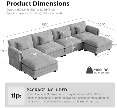 ELUCHANG 150" Oversized Modular Sectional Sofa Cloud Couch, 6 Seater U Shaped - Image 2
