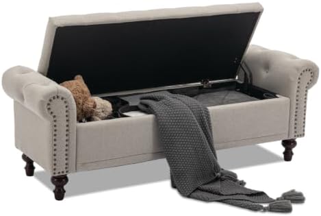 SOFTHION 58.1" Storage Bench for Bedroom, Linen Upholstered, Light Brown by SofthionDesign