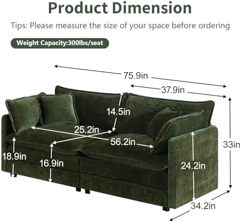 GNIXUU 76" Green Cloud Loveseat Sofa 2 Seater Modular Couch - Image 2