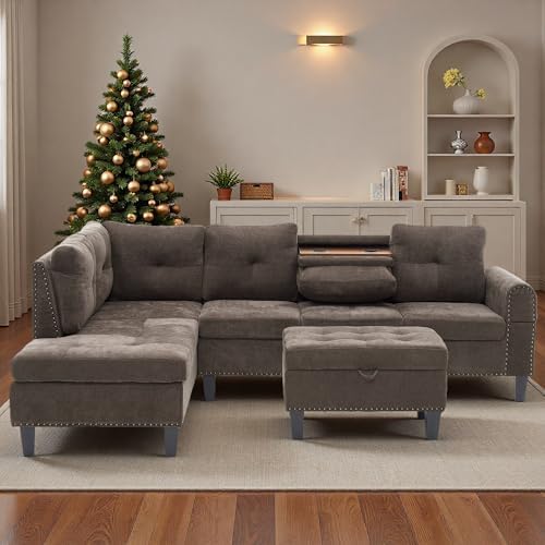 L-Shaped Couch Set, 97.5" L x 69.5" W Sectional Sofas Linen Brown by Topcomfy
