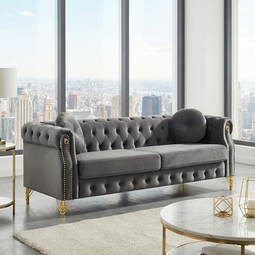 2 Pieces Grey Velvet Chesterfield 82" 3-Seater Sofa Sets, Featuring Copper Stud - Image 7