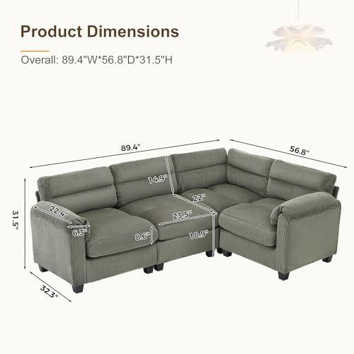 HAOMARKETS 90” Modular Sectional L Shaped Corner Sofa, Corduroy 4-Seater Couches - Image 2