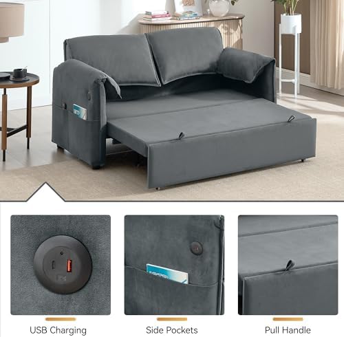 63" Pull Out Loveseat Sofa Bed, Velvet Convertible Sleeper Sofa - Image 4