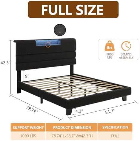 Full Bed Frame with Charging, LED Boucle Platform Bed, Dark Grey - Image 2