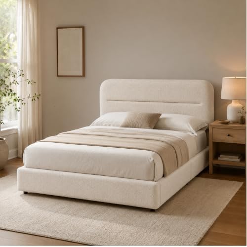 HOMBCK Full Bed Frame, Cream Boucle Upholstered Platform Bed by HOMBCK