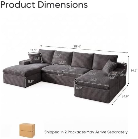 120" Modular Sectional Sofa, U-Shape Boneless Couch, Dark Grey - Image 2