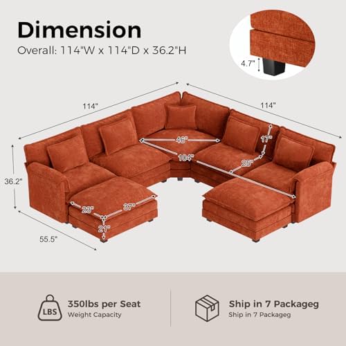 ELUCHANG 114" Oversized Modular Sectional Sofa, Comfy Chenille Cloud Couch - Image 2