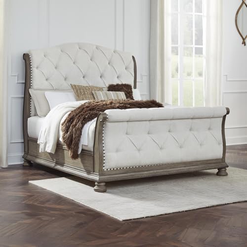 Signature Design by Ashley Queen Upholstered Sleigh Bed Frame, Light Brown - Image 2