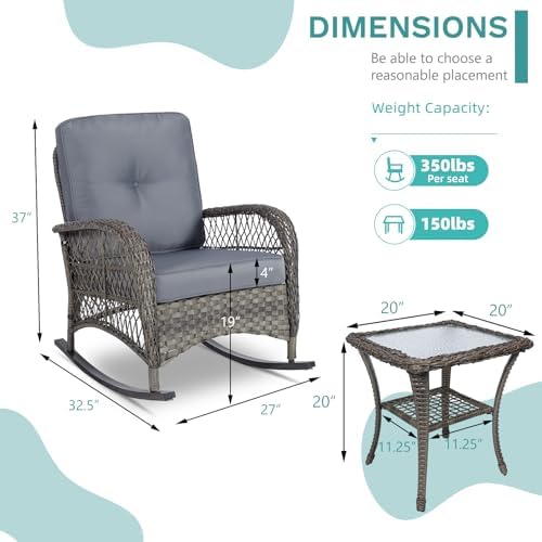 MEETWARM 3 Pieces Outdoor Wicker Rocking Chair Set, Rattan Patio Rocker Chairs - Image 5