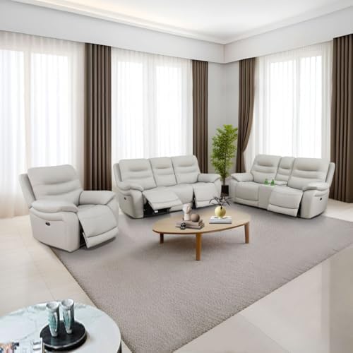 Electric Power Reclining Sofa Set, Genuine Breathing Leather Recliner Couch Set - Image 4