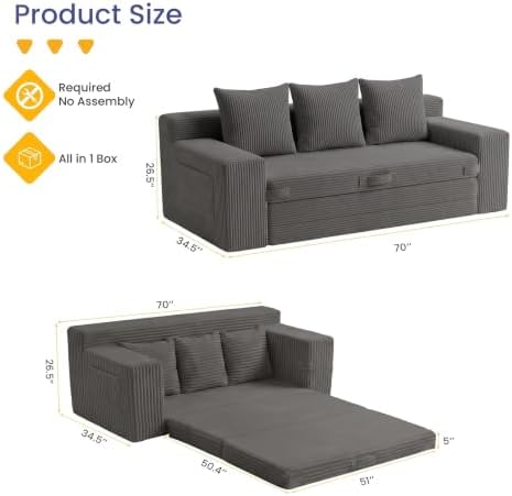 69" 3 Seater Convertible Folding Sofa Bed, Boneless Couch - Image 2