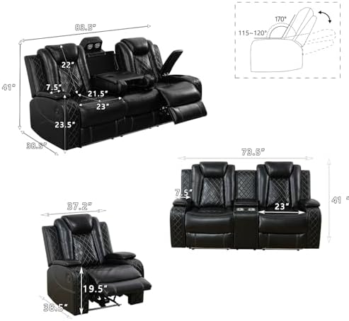 Power Recliner Sofa Set with LED, 3 Pieces Sectional Couch, Breathing Leather - Image 2