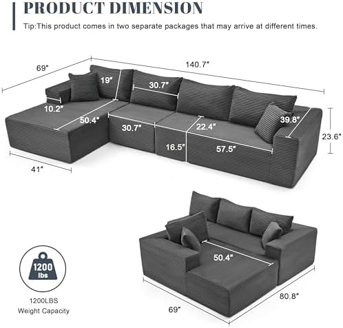 Mangodan 140” Cloud Sectional Couch, Modular Sectional Sofa - Image 3