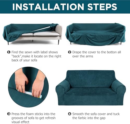 Peryiter 3 Pcs Couch and Loveseat Sofa Covers, Deep Teal - Image 4