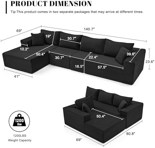 Mangodan 140” Cloud Sectional Couch, Modular Sectional Sofa - Image 3