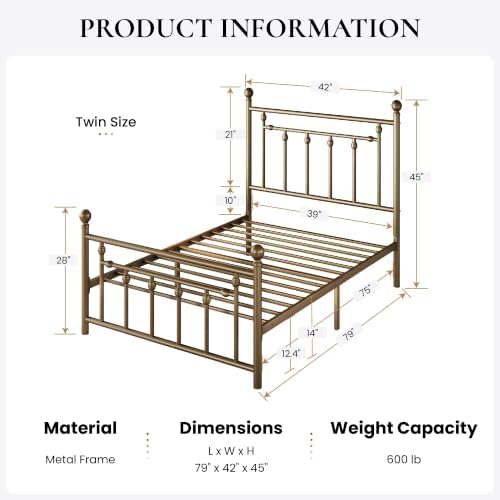 SHA CERLIN 45" Twin Size Metal Bed Frame, Vintage Headboard, Antique Bronze - Image 2