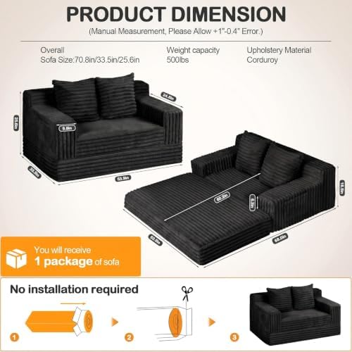 Erament Boneless Loveseat Convertible Sofa Bed, Folding Floor Futon Sleeper - Image 2