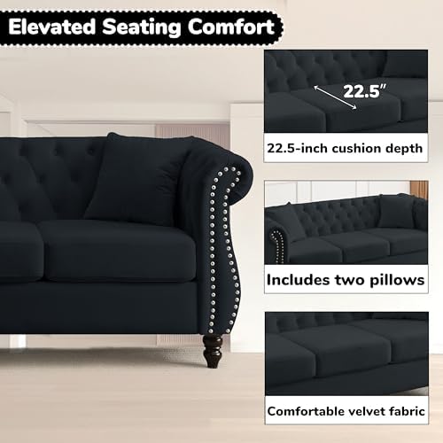 2 Piece Modern Black Velvet 80" 3-Seater Sofa Sets, Upholstered Tufted Backrests - Image 3