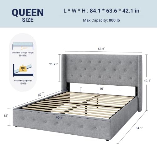 Allewie Queen Size Lift Up Storage Button-Tufted Bed Frame Light Grey - Image 2