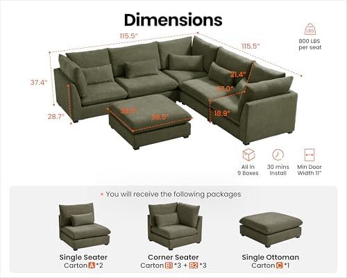 115" Oversize Chenille Modular Sectional Sofa Couches - Image 2